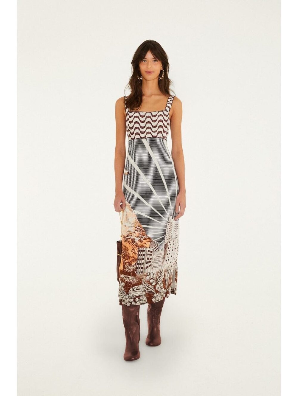 Farm Rio Mixed Carioca Coffee Scarves Sleeveless Midi Dress NWT Small